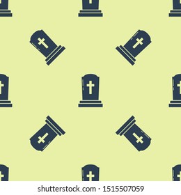 Blue Tombstone with cross icon isolated seamless pattern on yellow background. Grave icon.  Vector Illustration