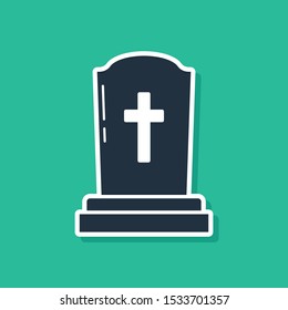 Blue Tombstone with cross icon isolated on green background. Grave icon.  Vector Illustration