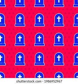 Blue Tombstone with cross icon isolated seamless pattern on red background. Grave icon. Happy Halloween party.  Vector