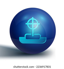 Blue Tombstone with cross icon isolated on white background. Grave icon. Happy Halloween party. Blue circle button. Vector