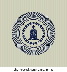 Blue tombstone icon inside distress rubber grunge stamp