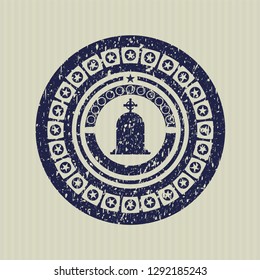 Blue tombstone icon inside distressed rubber grunge seal