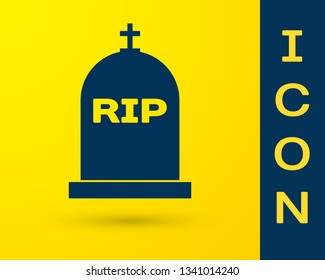Blue Tombstone with RIP written on it icon isolated on yellow background. Grave icon. Vector Illustration