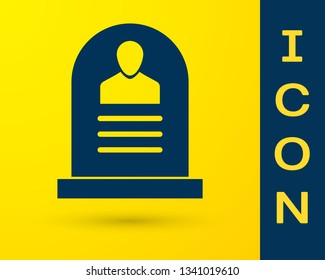 Blue Tombstone with RIP written on it icon isolated on yellow background. Grave icon. Vector Illustration