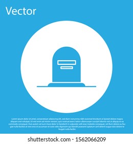 Blue Tombstone with RIP written on it icon isolated on blue background. Grave icon. White circle button. Vector Illustration
