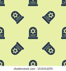 Blue Tombstone with star of david icon isolated seamless pattern on yellow background. Jewish grave stone. Gravestone icon.  Vector Illustration