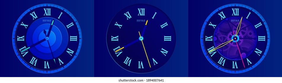 Ilustración vectorial de papel abstracto de tono azul. Tres diales de reloj con números romanos. Obtención de los engranajes y muelles.