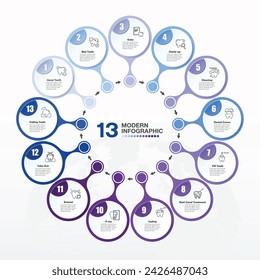 Blue tone circle infographic template with 13 steps and mental icons, process or options, process chart, Used for process diagram, presentations, workflow layout, flow chart, infograph.