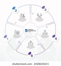 Blue tone, circle infographic template with 5 steps, process or options, process chart, Used for process diagram, presentations, workflow layout, flow chart, infograph.