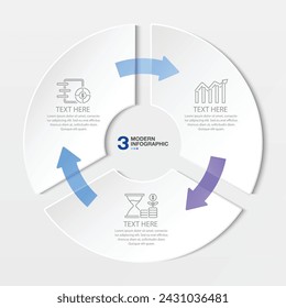 Infografik-Vorlage für Blautönkreise mit 3 Schritten, Prozess oder Optionen, Prozessdiagramm, Verwendet für Prozessdiagramm, Präsentationen, Workflow-Layout, Flussdiagramm, Infograph.