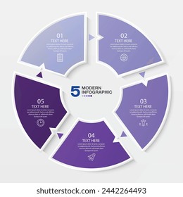 Plantilla de infografía de círculo de tono azul con 5 pasos, proceso u opciones, diagrama de proceso, Utilizado para diagrama de proceso, presentaciones, diseño de flujo de trabajo, diagrama de flujo, infografía. Ilustración del vector eps10.