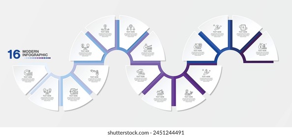 Blue tone circle infographic template with 16 steps, process or options, process chart, Used for process diagram, presentations, workflow layout, flow chart, infograph. Vector eps10 illustration.