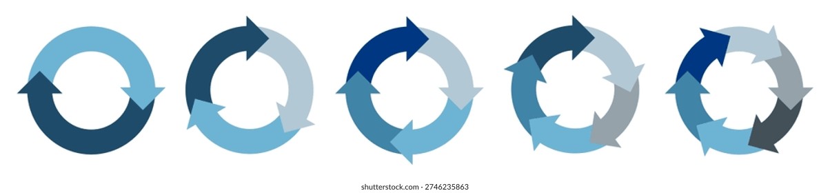Blue tone colors rotating cycle diagram (rotating arrow, circular flow diagram) set. Circular process arrow vector illustration template for 2, 3, 4, 5, and 6 elements.