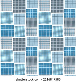 Patrón de tejido cuadrado geométrico de tonos azules. Fondo de color azul y gris a cuadros. Ilustración vectorial.