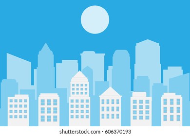 blue tone gradient cityscape with sun design.vector and illustration