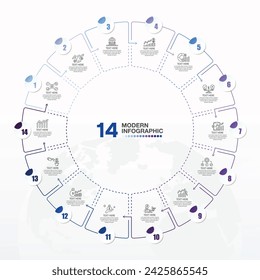 Blue tone, Modern circle infographic template with 14 steps and financial cons, process or options, process chart, Used for process diagram, presentations, workflow layout, flow chart, infograph.