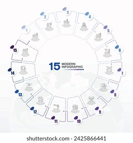 Blauton, Moderne Kreis-Infografik-Vorlage mit 15 Schritten, Prozess oder Optionen, Prozessdiagramm, Für Prozessdiagramm, Präsentationen, Workflow-Layout, Flussdiagramm, Infograph.