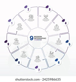 Blue tone, Modern circle infographic template with 9 steps, process or options, process chart, Used for process diagram, presentations, workflow layout, flow chart.