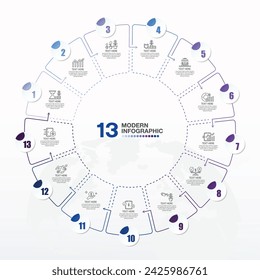 Blue tone, Modern circle infographic template with 13 steps, process or options, process chart, Used for process diagram, presentations, workflow layout, flow chart, infograph.