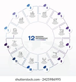 Tono azul, plantilla de infografía de círculo moderno con 12 pasos, proceso u opciones, diagrama de proceso, utilizado para diagrama de proceso, presentaciones, diseño de flujo de trabajo, diagrama de flujo, infografía.