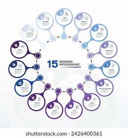 Tono azul, plantilla de infografía de círculo moderno con 15 pasos e iconos, proceso u opciones, gráfico de proceso, utilizado para diagrama de proceso, presentaciones, diseño de flujo de trabajo, diagrama de flujo, infografía.