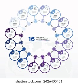 Blue tone, Modern circle infographic template with 16 steps and mental icons, process or options, process chart, Used for process diagram, presentations, workflow layout, flow chart, infograph.