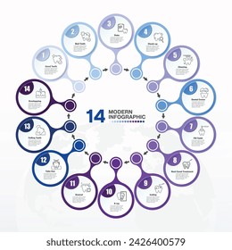 Blue tone, Modern circle infographic template with 14 steps and Dental icons, process or options, process chart, Used for process diagram, presentations, workflow layout, flow chart, infograph.