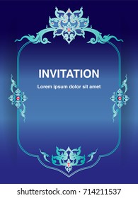 Blue tone Thai pattern floral style illustration and Invitation and greeting template, frame border vector decorate with jewelly