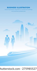 Blue tones evoke calm professionalism. Silhouettes walk forward with purpose and confidence. Skyline suggests ambition and progress. Plane flies overhead, symbolizing global reach