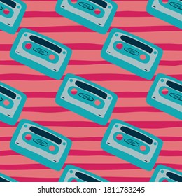 Blue tones seamless pattern with cassette hand drawn print. Pink stripped background. Stylized 80s music artwork. Great for wallpaper, textile, wrapping paper, fabric print. Vector illustration.