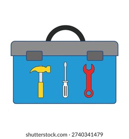 A blue toolbox containing hammer, screwdriver, and wrench