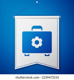 Blue Toolbox icon isolated on blue background. Tool box sign. White pennant template. Vector Illustration