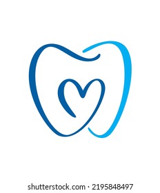 Blue tooth and heart icon. Dentistry symbol. Medical sign. Dentalhealth. Tooth sign. Clean White and healthy. Dental care. Vector icon. Medical care. Logo template.