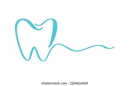 Blue tooth logo icon and line for text for dentist or stomatology dental care design template. Vector isolated black line contour tooth symbol for dental clinic or dentistry medical center