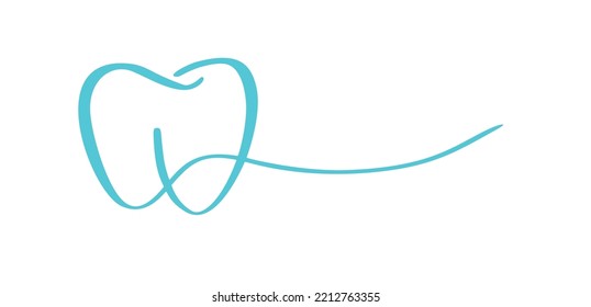 Blue tooth logo icon and line for text for dentist or stomatology dental care design template. Vector isolated line contour tooth symbol for dental clinic or dentistry medical center and toothpaste.