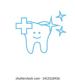 Blue tooth outline smiling and shining with medical cross, isolated on white background EPS Vector