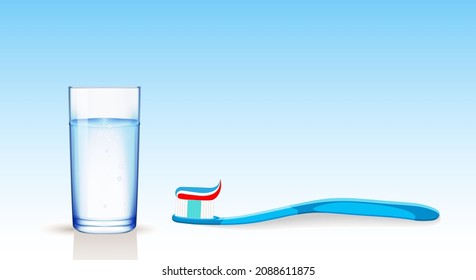 A blue toothbrush with a multi-colored paste located at the bottom and a transparent glass cup on a blue gradient background. Dental concept. Copy space. Vector illustration