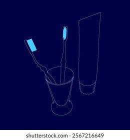 Blue toothbrush, toothpaste and a cup are shown in a close up. The image is of a cartoonish style and the mood is lighthearted and playful