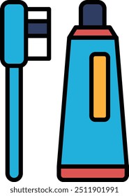 A blue toothbrush and tube of toothpaste are shown in a cartoon style