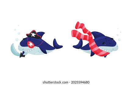 Blue Toothy Cartoon Shark Wearing Scarf and Holding Pirate Sword Vector Set