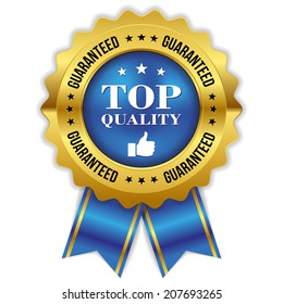 Blue top quality badge with gold border and ribbon on white background