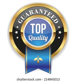 Blue top quality badge with gold border and ribbon on white background