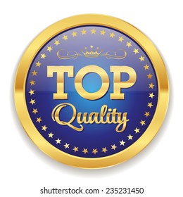 Blue top quality badge with gold border on white background
