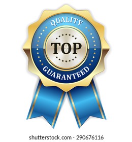 Blue top quality badge with gold border and ribbon on white background