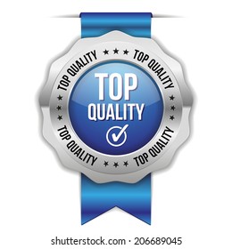 Blue top quality badge with ribbon and metallic border on white background