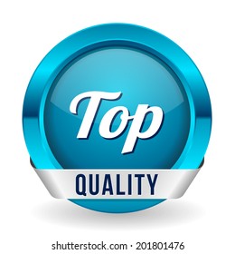 Blue top quality button with metallic ribbon on white background