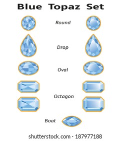 Blue topaz set different cut - round, drop, oval, boat and octagon. Brilliant three-dimensional jewelry on a white background. Isolated Objects. Used free font Amble (taken here www.fontsquirrel.com).