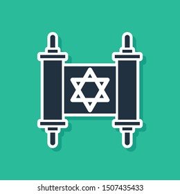 Blue Torah scroll icon isolated on green background. Jewish Torah in expanded form. Star of David symbol. Old parchment scroll.  Vector Illustration