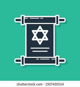 Blue Torah scroll icon isolated on green background. Jewish Torah in expanded form. Star of David symbol. Old parchment scroll.  Vector Illustration
