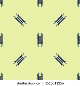 Blue Torah scroll icon isolated seamless pattern on yellow background. Jewish Torah in expanded form. Star of David symbol. Old parchment scroll.  Vector Illustration